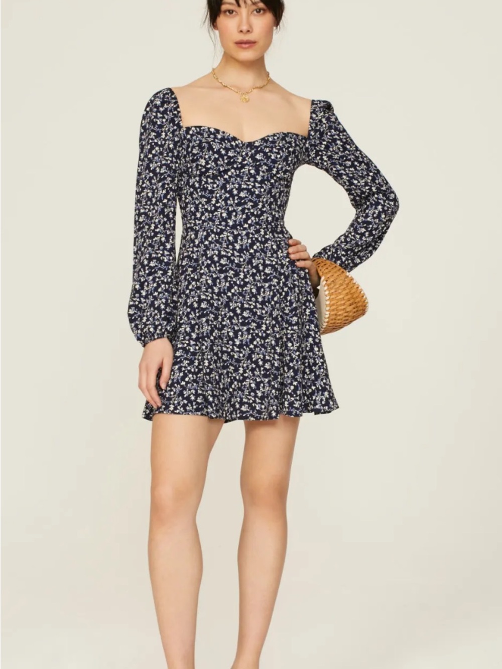 Reformation Navy and White Floral Long-Sleeve Square Neck Dress